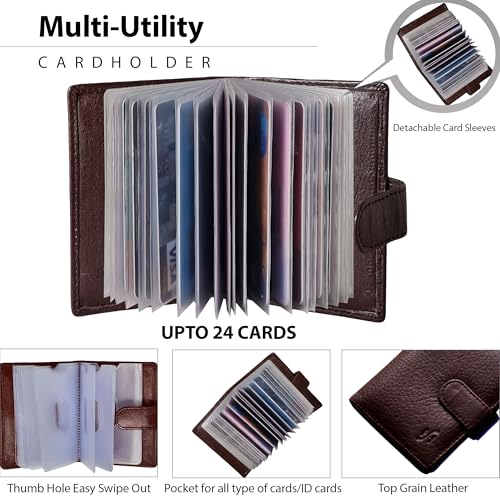 Soft Genuine Leather Compact Credit Debit Card Holder Case with Removable Plastic Sleeves 2103