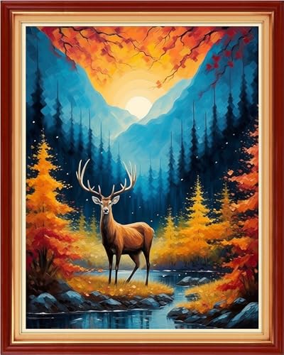 Image of Magxvouy Cross Stitch Kits Stamped Full Range of Embroidery Kits,Cross Stitch Patterns Needlework Kits for Beginners 11CT Printed Kits&Mountain and River Deer 16x20 inch
