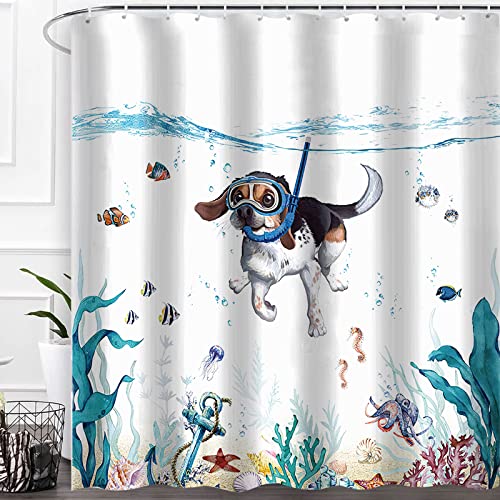 HomeStilez Rideau de Bain Mignon Chien de Plongée Animal Marin Rideau de Douche Polyester 180x180cm étanche Durable Moderne Salle de Bain Accessoires Décoratifs avec 12 Crochets