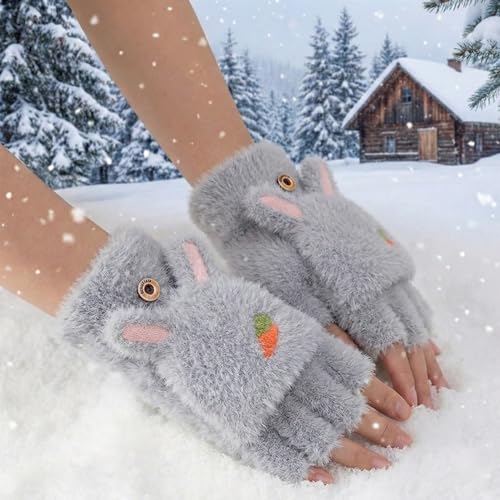 Image of Kraptick Cute Bunny Winter Gloves for Women & Girls - Fluffy Convertible Flip Top Mittens - Warm Fingerless Knitted Woolen Hand Warmer with Button Flap for Typing & Driving (Free Size, Pink)-5