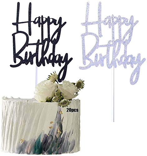 YUINYO 20 Pieces Happy Birthday Cake Topper for Adult/Children/Boys/Girls, Black and Silver Glitter First Birthday Party Decoration