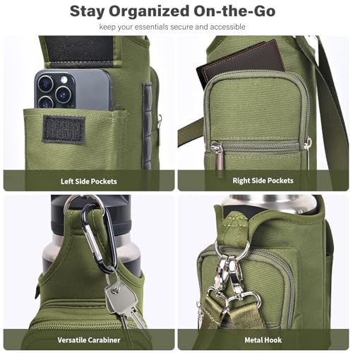 Image of icolor Magnetic Gym Bag Water Bottle Carrier Holder with Phone Pockets & Strap,Nylon Gym Magnetic Bag 5 Built-in Magnets Nylon Gym Accessories Organizer Bottle Pouch Sleeve for Men Women (Army Green)
