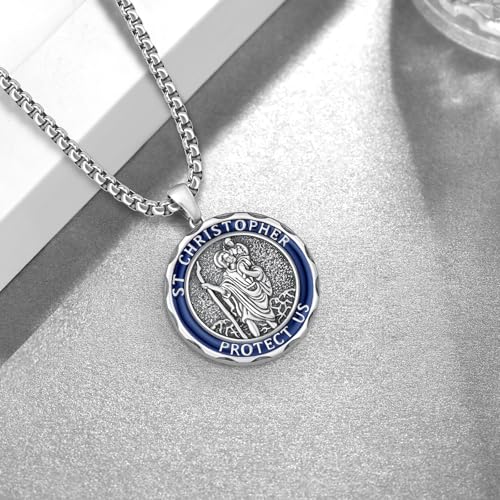 925 Sterling Silver St Christopher Necklace for Men, Saint Pendant Travel Protection Jewelry, St Christopher Medal Catholic Necklace Gift for Women Men3