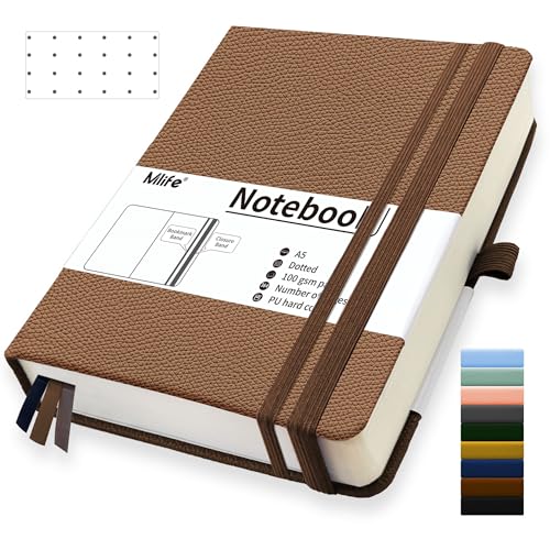Mlife Cuaderno Punteado A5, 360 Páginas Y 100 G/M² De Papel Resistente A La Tinta, Cuadernos Con Bolsillo Plegable Para La Oficina, La Escuela, El Hogar, La Escritura Y Notas (Marrón)