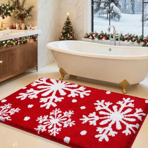 ACCUMTEK Upgraded Waffle Bath MatSuper Absorbent Non-Slip Quick Dry Bathroom Rugs with Tassels 30x20 Red-Snow Red-Xmas Snowflakes