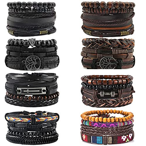 WAINIS 8 Pack Braided Leather Bracelets for Men Women Woven Cuff Wrap Bracelet Wood Beads Ethnic Tribal Bracelets Bulk Adjustable