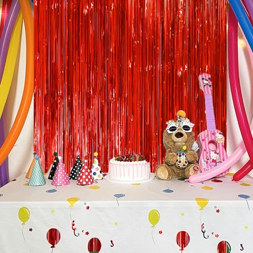 Image of Voircoloria 2 Pack Red Tinsel Foil Fringe Curtains, Red Party Decorations, Metallic Tinsel Party Streamers Backdrop for Birthday Red Carpet Christmas Graduation Carnival Valentine's Party Decorations