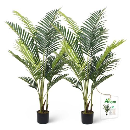 Aveyas 5ft Artificial Palm Tree for Home Decor, 5 Feet Faux Plant Fake Silk Tropical Kentia Areca Trees with Pot for Indoor Outdoor House Living Room Office Porch Garden (5 ft Tall) - Set of 2 Pack