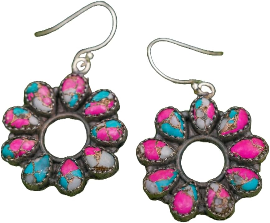 Cotton Candy Turquoise Pink And Blue Stone Earrings 925 Sterling Silver Handmade Boho Earrings For Women