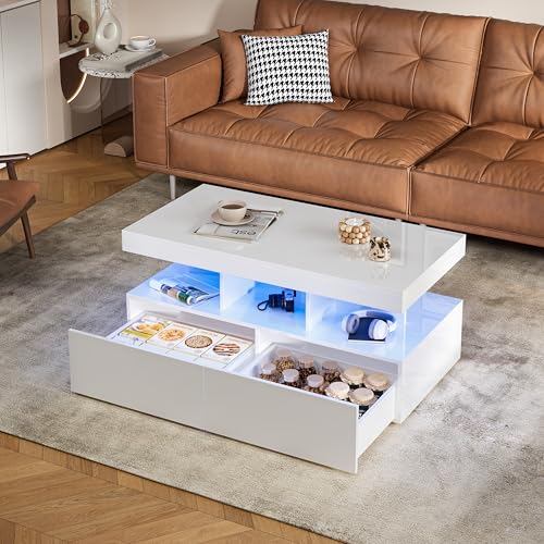 HYNHXBP Table basse Blanc, table de salon brillant avec éclairage LED RGB, table basse avec 2 tiroirs, table d'appoint canapé avec espace de rangement,...