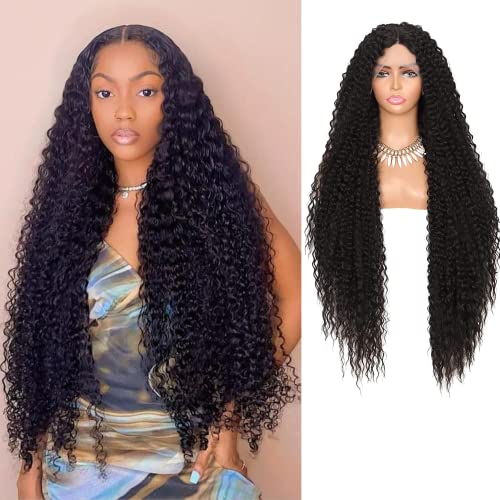 Olymei 38 " Synthetic Curly Lace Front Wigs 6 Inch Middle Part Black Synthetic Deep Wave WIg for Black Women Replacement Hair Wig (Black)