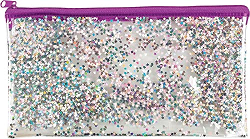 Holographic Glitter Foil Quicksand Pencil Case Cosmetic Bag Transparent Portable Pen Case Makeup Brush Storage Bag (Purple Stars Pouch (22x12cm))