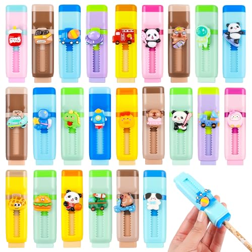 24 Pcs 2-in-1 Cute Retractable Eraser with Pencil Sharpener, Cute Kawaii School Supplies for Kids, Fun Cartoon Design for Classroom, Party Favors and Back to School Gifts