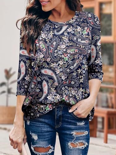 KISSMODA Tunic Tops for Women Loose Fit Dressy Round Neck Pleated 3/4 Length Sleeve Spring Tops