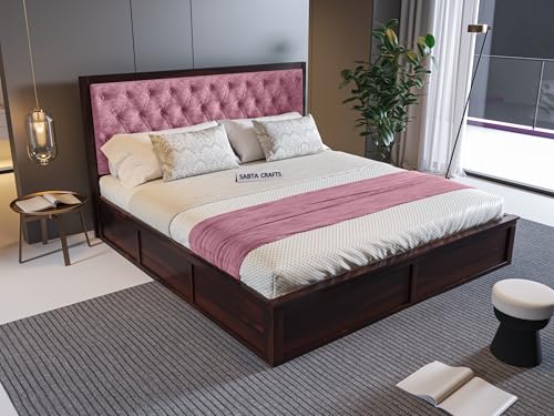 SABTA Craft Wooden King Size Bed with Box Storage for Bedroom, Pink Upholstered Cushioned Headboard, Solid Sheesham Wood, Walnut Finish, Mattress Size: 78 X 72 in