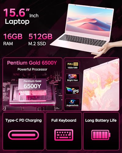Image of Pink Laptop, 16GB RAM 512GB SSD Laptops with Pentium Gold 6500Y (Up to 3.4GHz), 15.6 inch FHD IPS Screen, Type-c, USB3.2, BT5.2, WiFi5, Laptop Computer Good for Business and Student