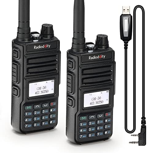 Radioddity GM-30 GMRS Radio, Handheld 5W Long Range Two Way Radio for Adults, GMRS Repeater Capable, with NOAA Scanning & Receiving, Display SYNC, for Off Road Overlanding, 2 Pack + Programming Cable
