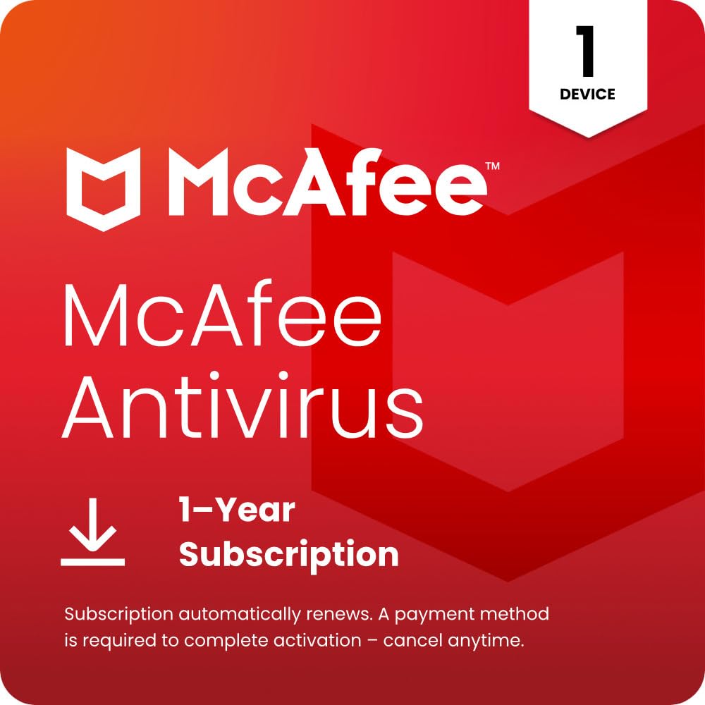 McAfee Antivirus 1-Device | Real-Time PC Protection from New and Evolving Threats | AntiVirus Software 2026 for Windows PC | 1-Year Subscription with Auto-Renewal | Download