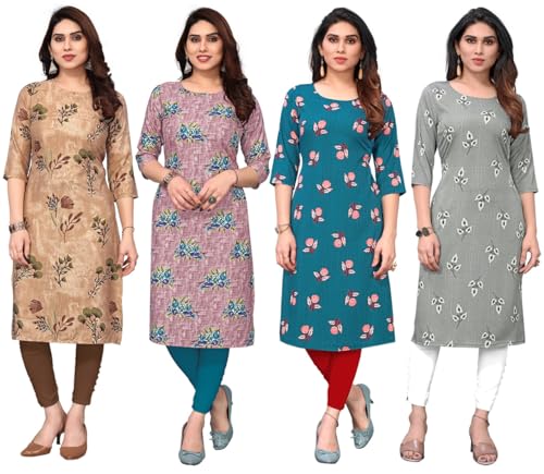 Image of JAKHANA Women's Crepe Printed Casual Straight Calf Length Round Nick Kurta Pack of 4