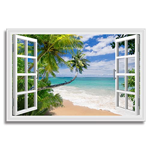 Window Beach Picture Canvas Wall Art Palm Tree Fake Open Window Landscape Print With Framed Ocean Photo Decor For Home Teal Walls Size 36X24 #TOP25