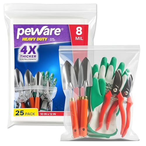 Peware Heavy Duty Zip Seal Lock Bags Plastic Waterproof Resealable Clear Zipper Baggies for Food Storage Parts & Hardware 8 Mil Thick 10x12 25 Pack