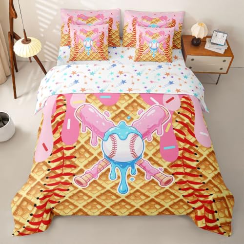 Loussiesd Juego de funda de edredón de béisbol, tamaño doble, 7 piezas, juego de ropa de cama para niños y niñas, juego de cama deportivo en una bolsa con funda de edredón, sábanas, fundas de almohada