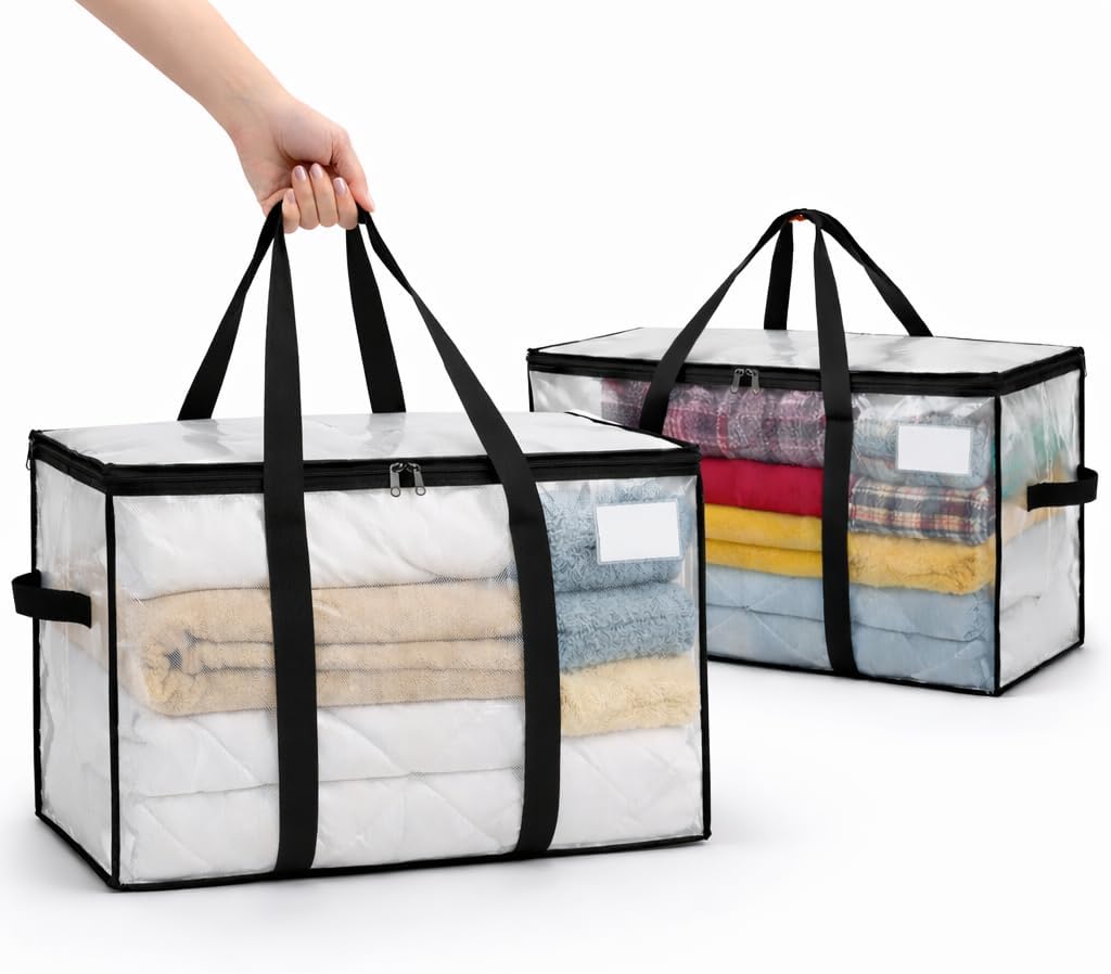 2-Pack Comforter Storage Bags with Zipper and Handles (90L) - Extra Large Heavy Duty Moving Bags, Waterproof Blanket & Clothes Storage Bags, Foldable Under Bed Storage Totes for Bedding, College Dorm