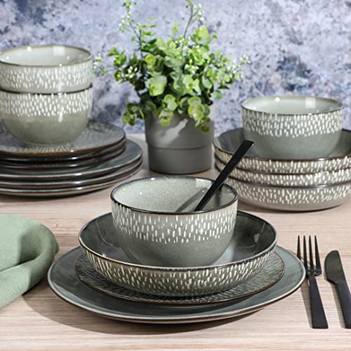 Image of Gibson Elite Matisse 16-Piece Double Bowl Dinnerware Set, Service for 4 - Green Stoneware Plates and Bowls