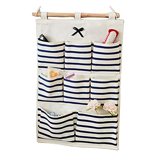 Dreamsy Bolsa de Almacenamiento Colgante Organizador, 8 Bolsillos de Montaje en Pared/Sobre la Puerta Bolsa de Almacenamiento Azul Rayado para Bolsos, Llaves, Gafas de Sol