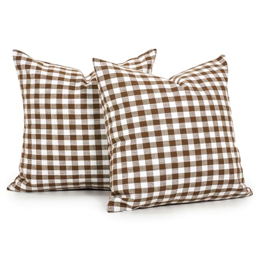 CARRIE HOME Farmhouse Brown and White Gingham Plaid Pillow Covers