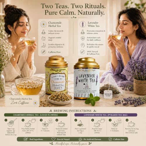 Image of Sancha Tea Boutique, Combo Pack: Chamomile Herbal Tisane (50g) & Lavender White (25 Pyramid Bags), Pure Silver Needle Leaves, Calming & Relaxing Floral Infusions