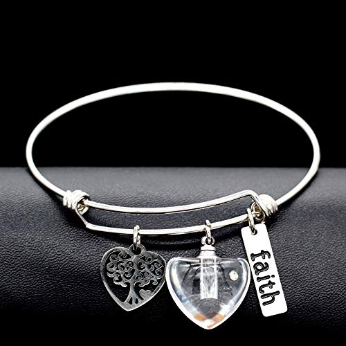 Image of Uloveido Mustard Seed Faith Tree Bangle Bracelet, Stainless Steel, with Glass Charm Bottle Case Y757