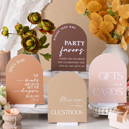 Weysat 4 Pcs Acrylic Wedding Signs for Ceremony and Reception, 5x7 Inch Boho Brown Wedding Signage Decor with Stand, Guest Book, Cards and Gifts, Open Bar, Favor Signs for Marriage Memorial Ceremony