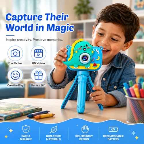 Image of Toy Imagine Dino Design Kids Digital Camera with Tripod 48MP HD Photos & 1080P Video Recording Filters,Frames & Inbuilt Games Birthday Gift for Boys & Girls Age 6-12 (Color Assorted) Card Not Included