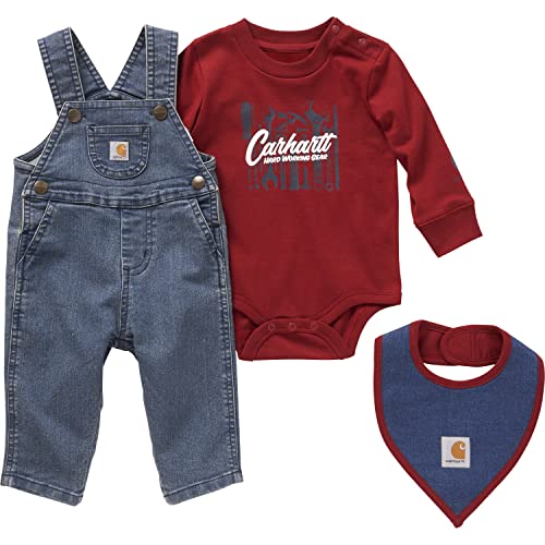 Image of Carhartt Baby Boys' Long-Sleeve Bodysuit Overalls and Food Bib 3Pc Set