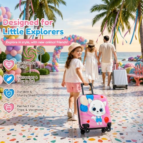 Image of Storite 18In Kids Luggage Trolley Hard Shell Cabin Suitcase | Cute Cartoon Kitten Design Suitcase Ideal For School Trips Vacations Holidays And Weekend Travel (Pink - 35 x 23 x 38 Cm)