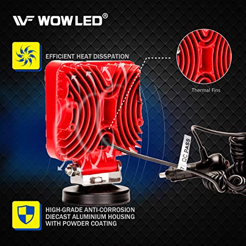 WF Magnetic Work Light, Magnet Base Mount Bracket, Cigarette Lighter Powered, LED Work Light, 27W Portable Flood Beam Lamp for Truck Tractor Trailer SUV Off-road Emergency Repairs (Square Red) - Thumbnail 3