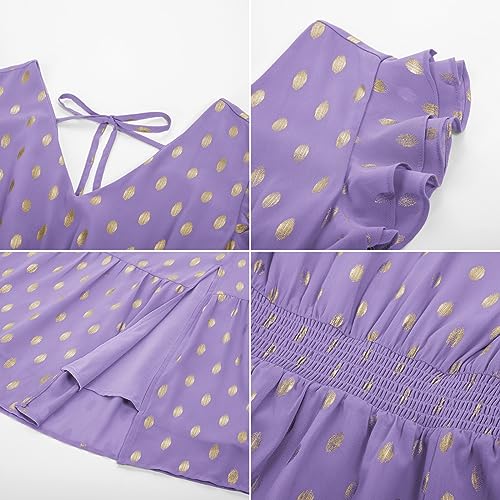 Image of GRACE KARIN Women 2023 Summer Dress Midi Dress Gold Dots V Neck Ruffle Cap Sleeve Flowy Split Tiered A-Line Wedding Guest Dress Lavender Purple M
