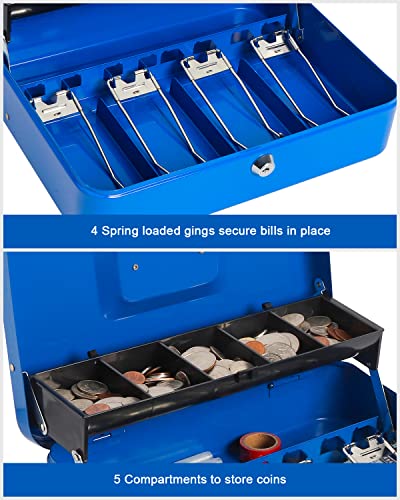 Cash Box With Money Tray And Lock, Large Money Box For Cash, 5 Coin Compartments, 4 Spring-Loaded, Money Safe With Security Cable, Blue #TOP1