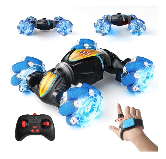 RC Stunt Cars Remote Plus Watch Gesture ControlTwisted transformable Strong Cars with Changing Lights (BLUE)