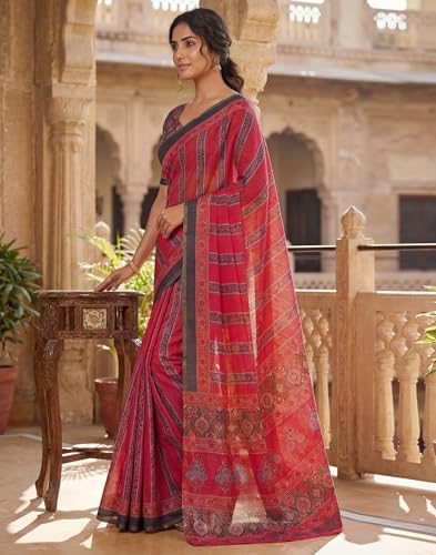 Image of SIRIL Women's Printed Cotton Linen One Minute Ready to Wear Saree With Unstitched Blouse Piece