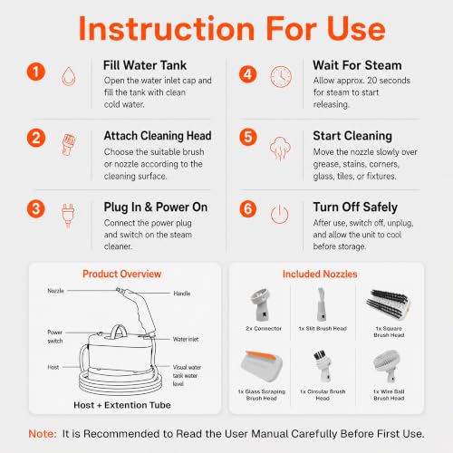 Image of HomeBasic Steam Cleaner 1200W | Portable Handheld Steam Cleaning Machine with 850ml Tank, 2M Hose & 5 Brush Attachments | Kitchen Bathroom Tile Grout Car Spot & Deep Cleaner (220V, 50Hz)