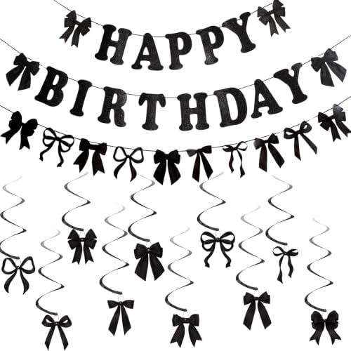 Image of NatNar Bow Birthday Decorations, Black Bow Happy Birthday Banner | Black Birthday Decorations with Cute Bow Hanging Swirls for Women Girls Birthday Party Supplies