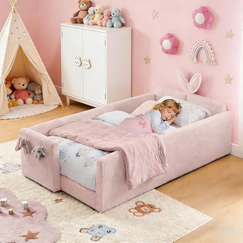 Image of Twin Size Bed Frame for Kids, Upholstered Daybed Frame Floor Bed with Safety Rails and Storage Pocket Cute Rabbit Ear Shaped Headboard for Kids Teens Boys Girls, Pink