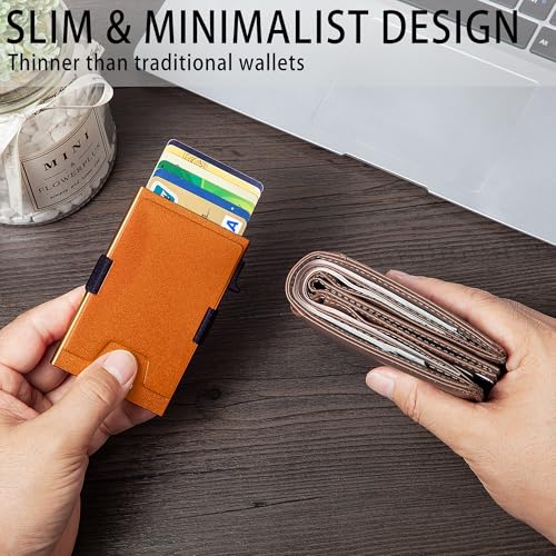 Image of Minimalist Mens Card Holder Wallet, RFID Blocking Slim Smart Pop Up Aluminum Wallet,Holds 12+ Cards,Expandable Compact Plate,Cash Strap /Money Clip (Orange)