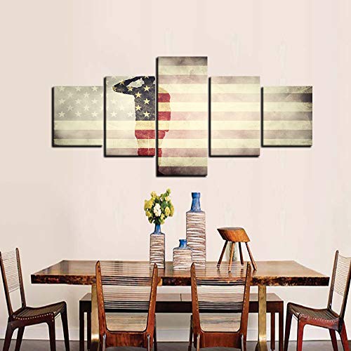 Retro American Flag Canvas Wall Military Pictures For Living Room Print Usa Modern Painting 5 Panels Framed Posters And Prints Stars Stripes Giclee Gallery Wrap Artwork Stretched Hooks (50"Wx24"H) #TOP4