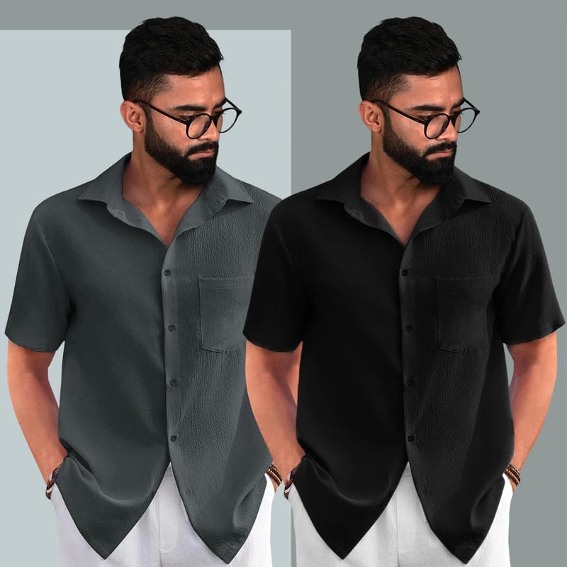 Image of Tee Projekt Solid Shirt for Men's ||Pop corn Shirt|| Solid Shirt for Men's|| Casual Shirt for Men||Half Sleeve Spread Collar Shirt for Men|| Pack of-2