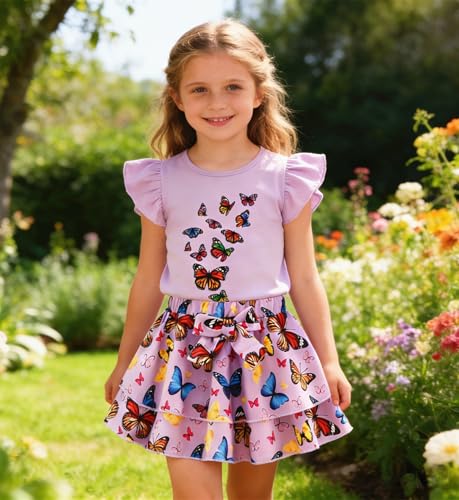 Image of Girls Skirt Set 2 Piece Outfit Toddler Summer Clothes Ruffle Sleeve T-Shirt Bow Knot Tutu Skirt Outfit Set