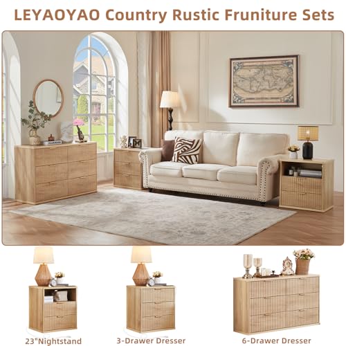 LEYAOYAO Fluted Nightstand with Charging Station, 23" Wide 2 Drawers End Table, Natural Night Stand with Open Storage Cabinet, Farmhouse Bed Side Tables, Wood Dresser for Bedroom, Living Room, Closet