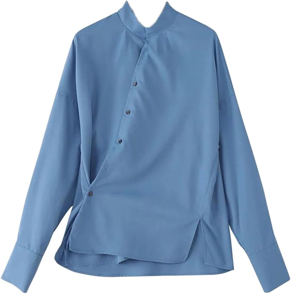 Men Spring Solid Color Stand Collar Long Sleeve Button-Down Shirt Loose Korean Style Casual Top